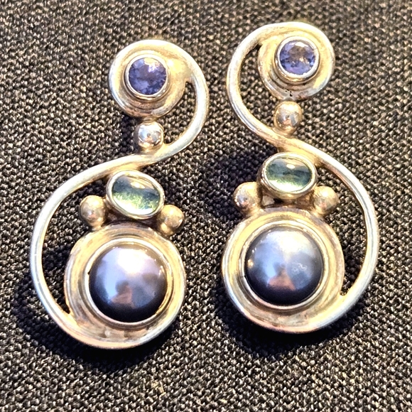 VTG Signed SAJEN 925 Silver Black Pearl, Blue & Green Cabochon Gemstone Earrings - Picture 1 of 3